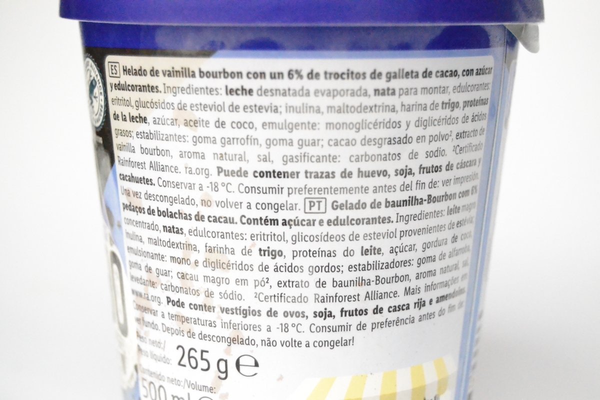 Lista de ingredientes del helado con extra de proteínas y sabor cookies & cream de Lidl