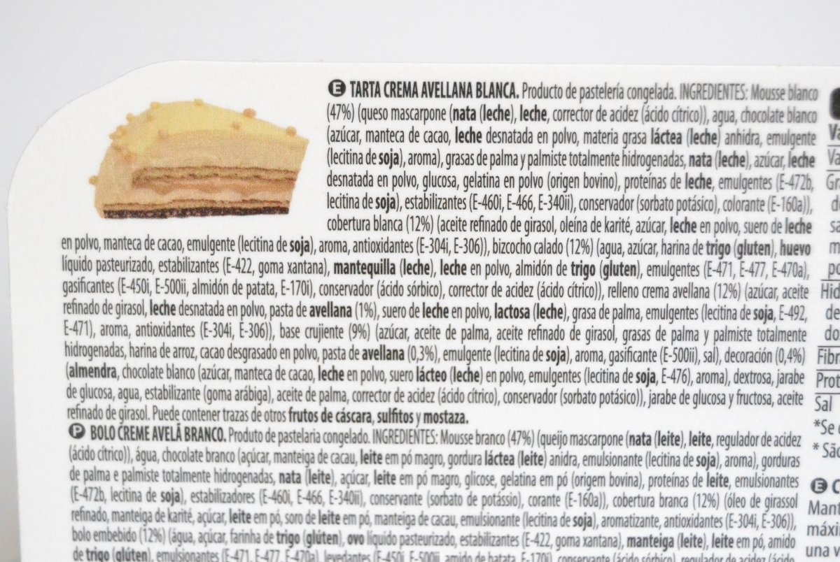 Listado de ingredientes de la tarta de crema de avellana blanca de Mercadona