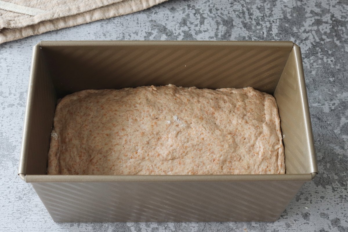 Llevar masa a molde pan de espelta