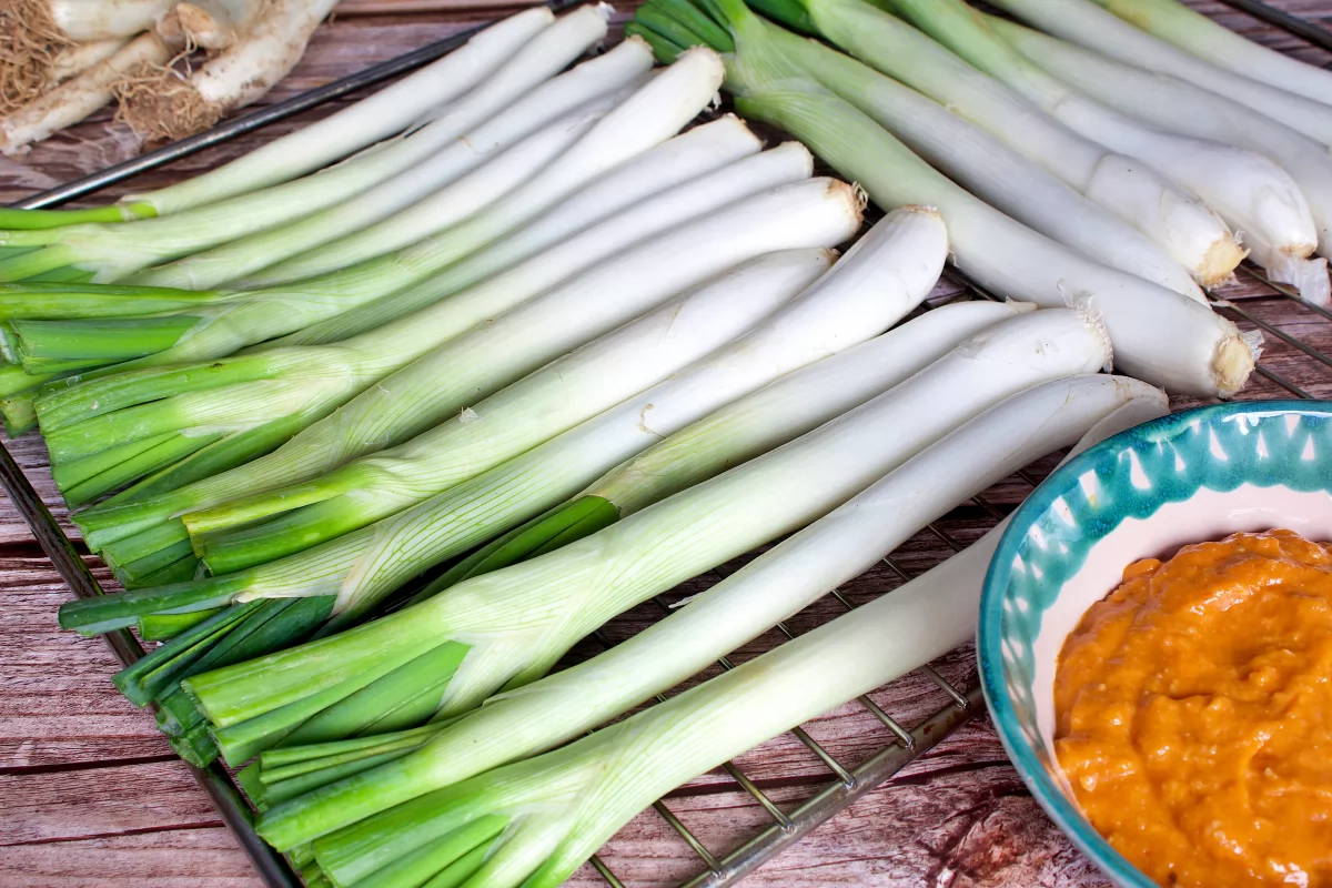 Los calçots de los calçots al horno sobre una rejilla de horno