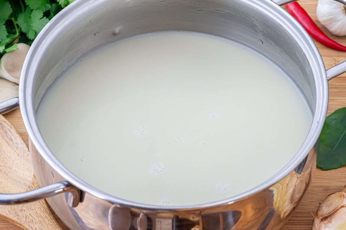Mezclar el caldo de pollo con la leche de coco