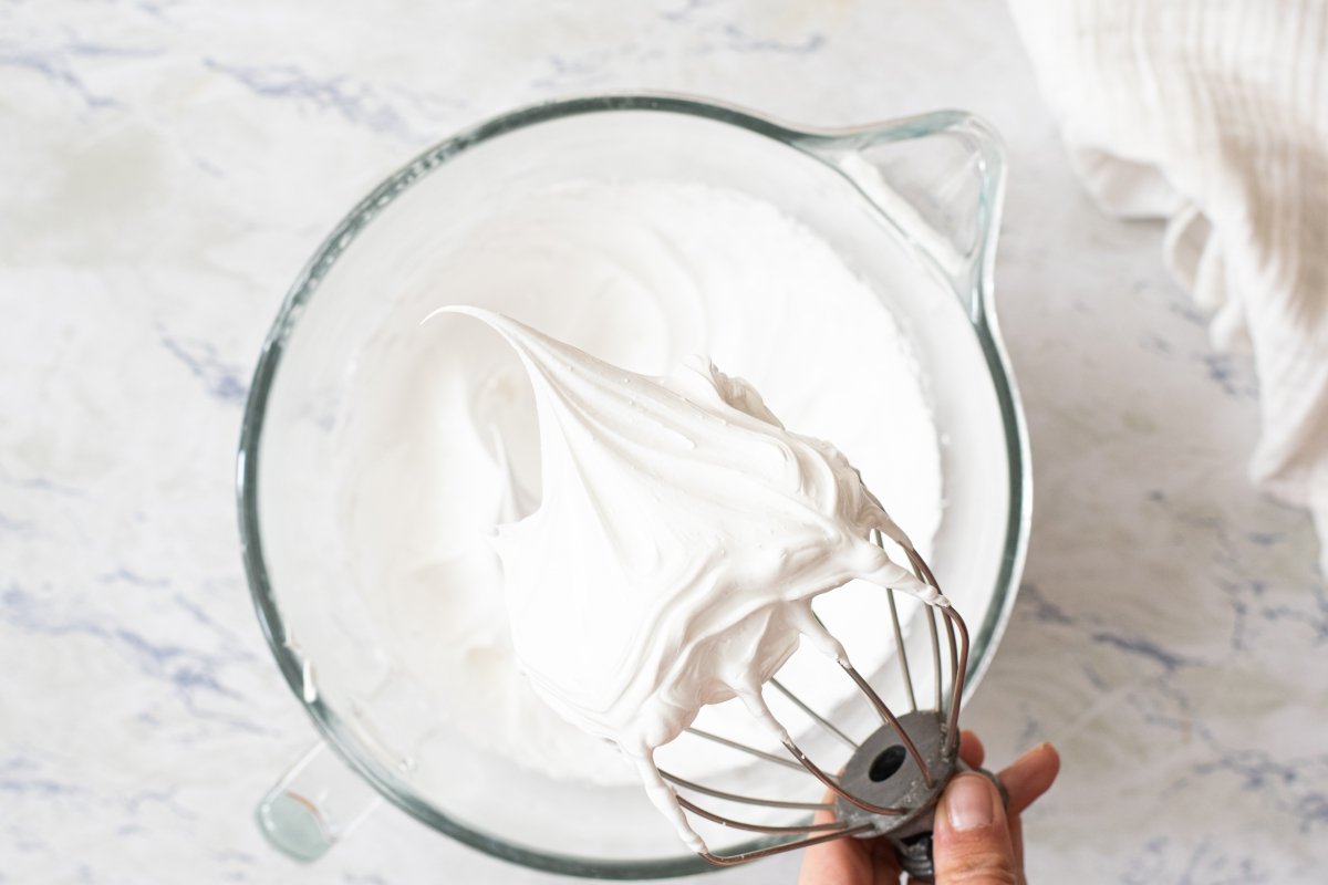 We whip until we have a firm meringue for the Pavlova cake.