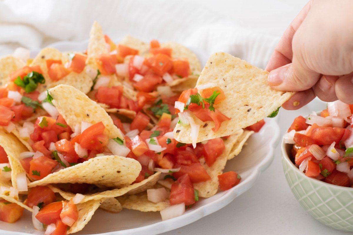 Nachos with pico de gallo served on the plate