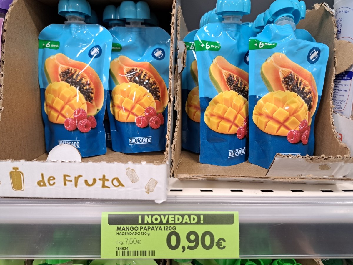 Papilla manzana, mango, frambuesa, plátano y papaya Hacendado