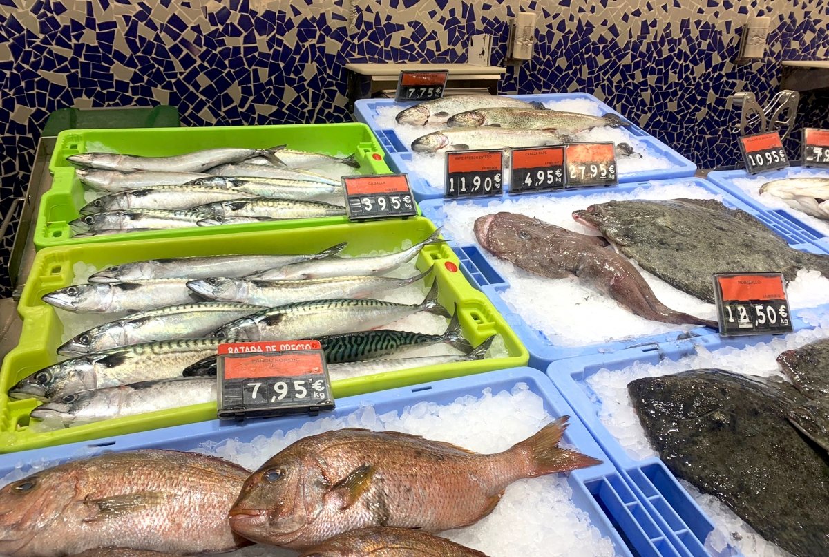 Pescado expuesto en Mercadona en cajas verdes y azules