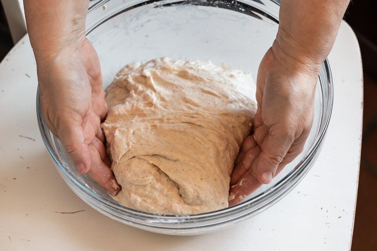 Folding of sourdough bread dough