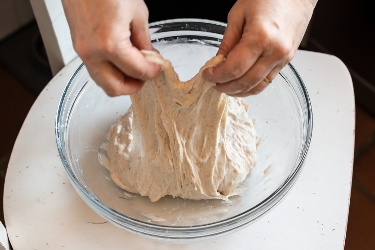 Folding sourdough bread dough