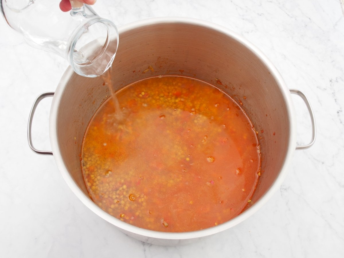 Ponemos en la cazuela las lentejas y las verduras y cubrimos con agua