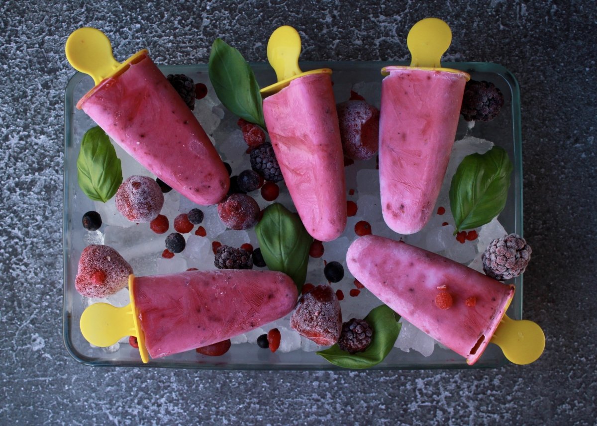 Presentation of the Greek yogurt and red fruit popsicles
