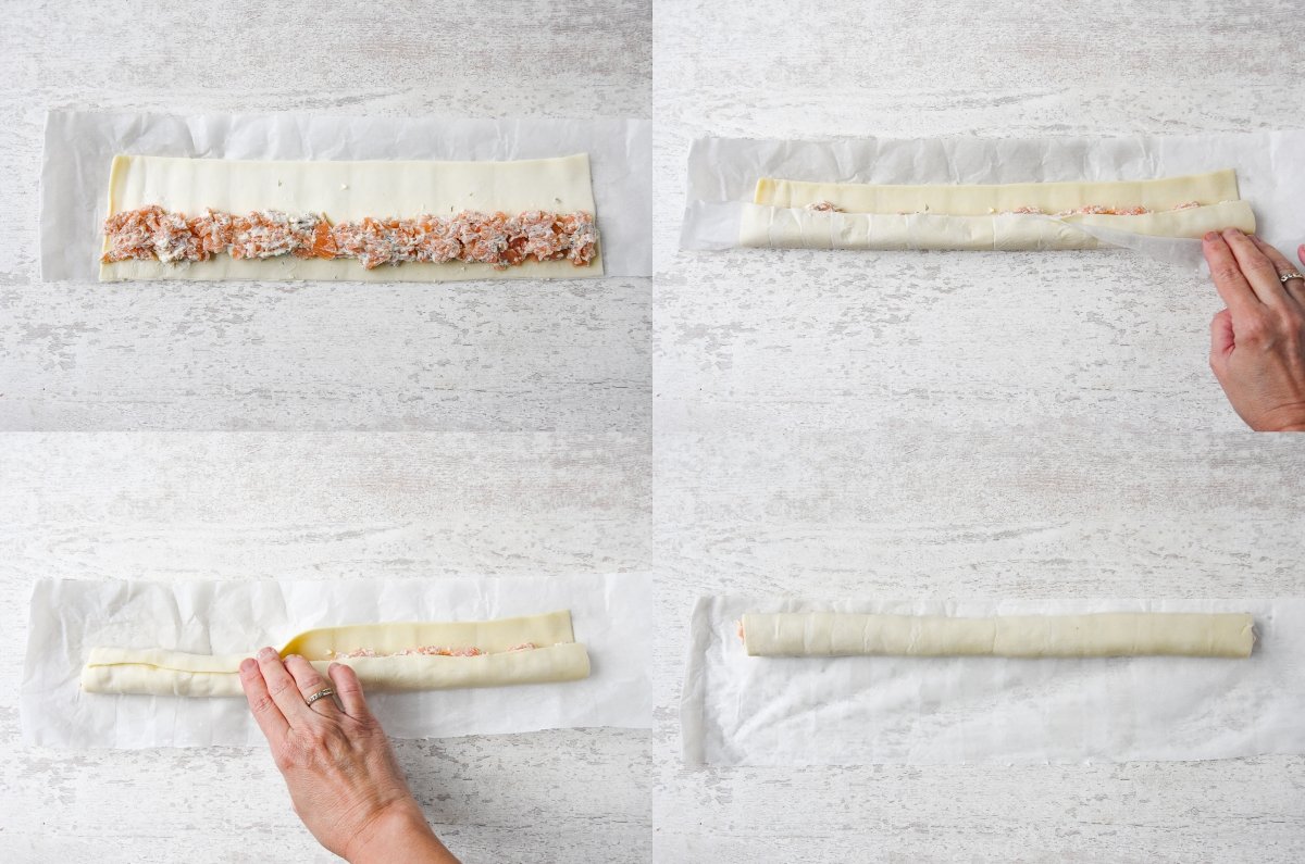 Rellenamos el hojaldre con la mezcla de salmón