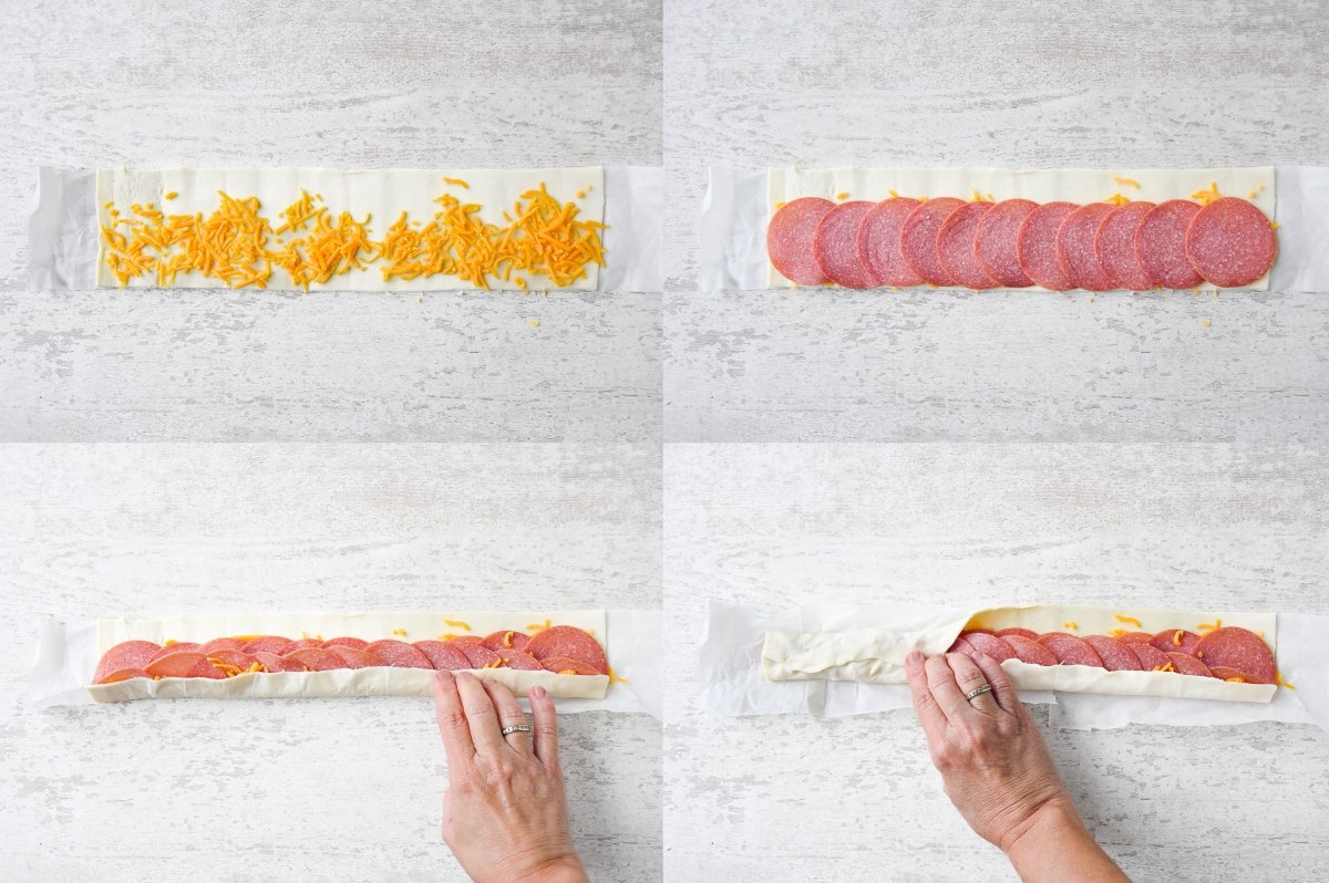 Rellenamos el hojladre con el queso y el salami