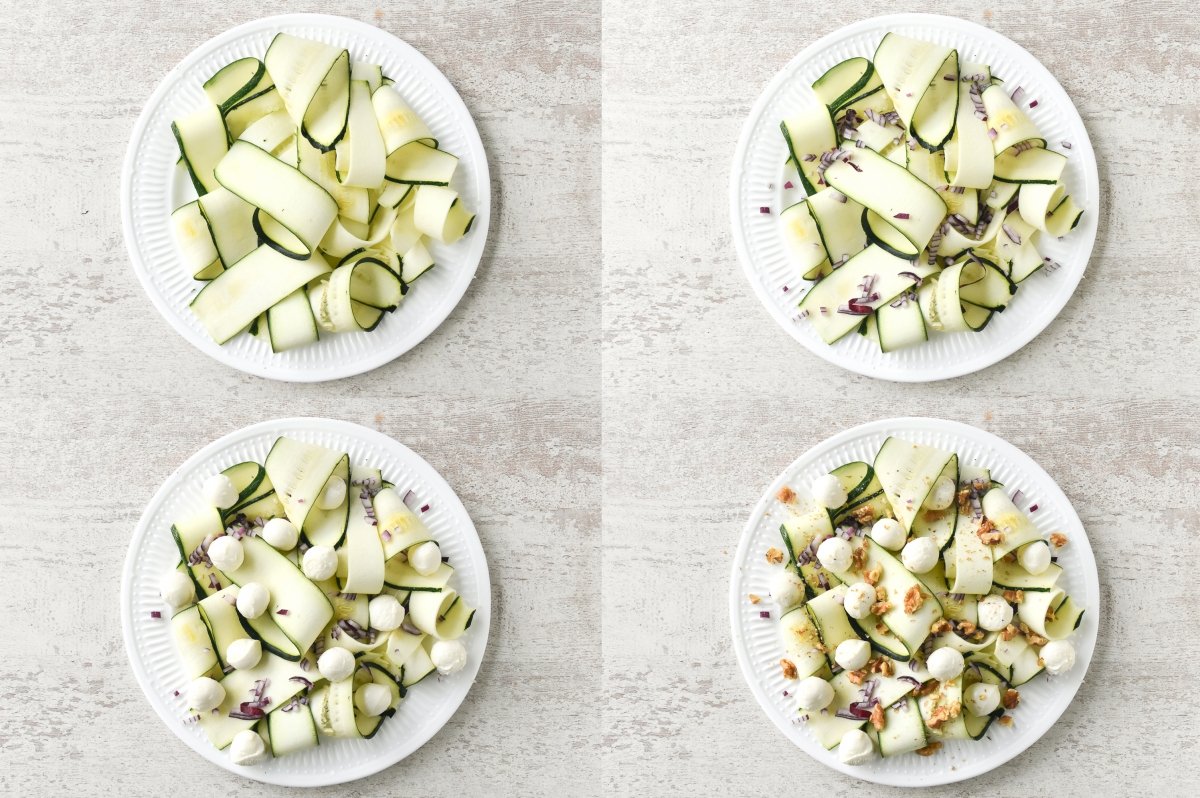Repartimos los ingredientes de la ensalada de calabacín en un plato