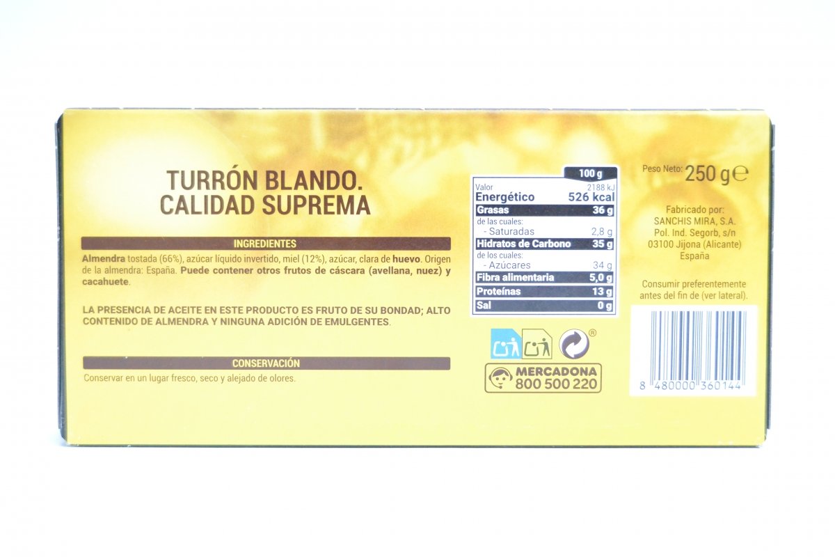 Reverso del turrón blando Mercadona con ingredientes e informacion nutricional