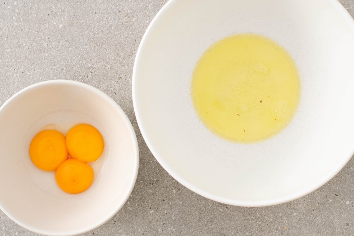 We separate the yolks and the whites for the Santa Fe piononos cake