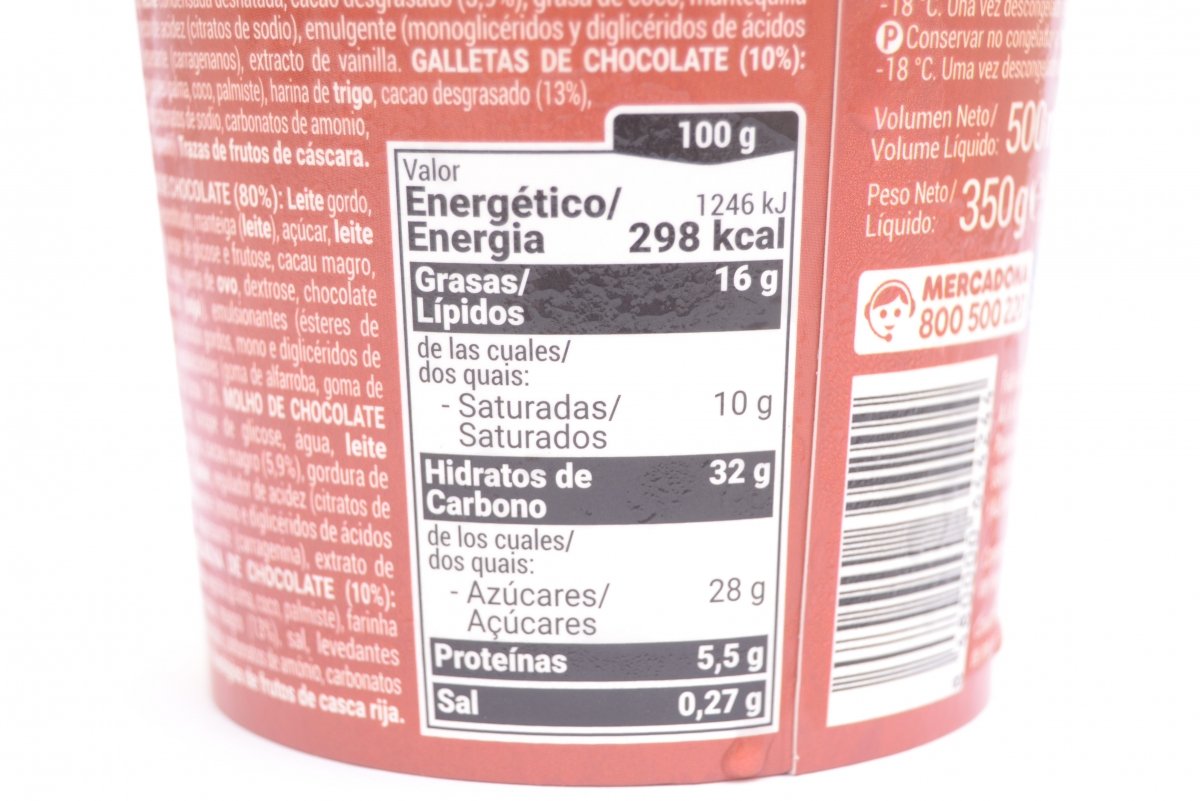 Tabla nutricional del helado Choco Cookies de Mercadona