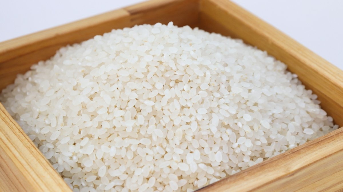 Un cuenco de arroz redondo sin lavar y con almidón e impurezas