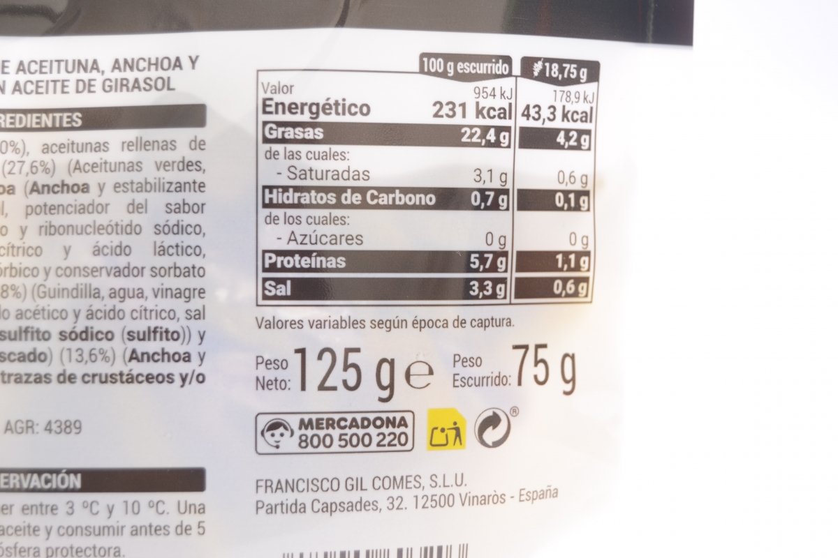 Valores nutricionales de las gildas con anchoa de Hacendado
