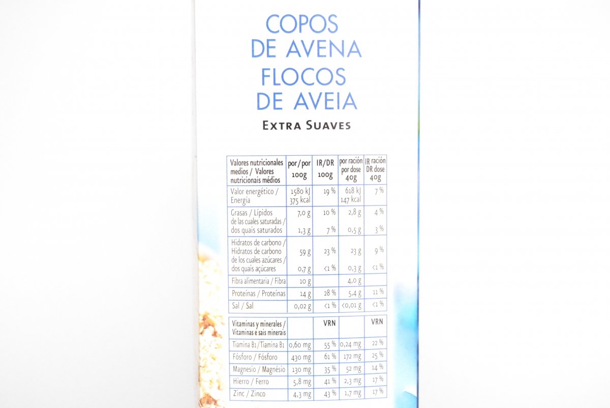 Valores nutricionales de los copos de avena extra suaves a la venta en Mercadona