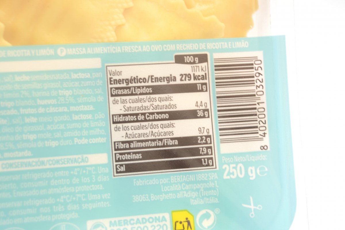 Valores nutricionales de los ravioli Summer Mercadona