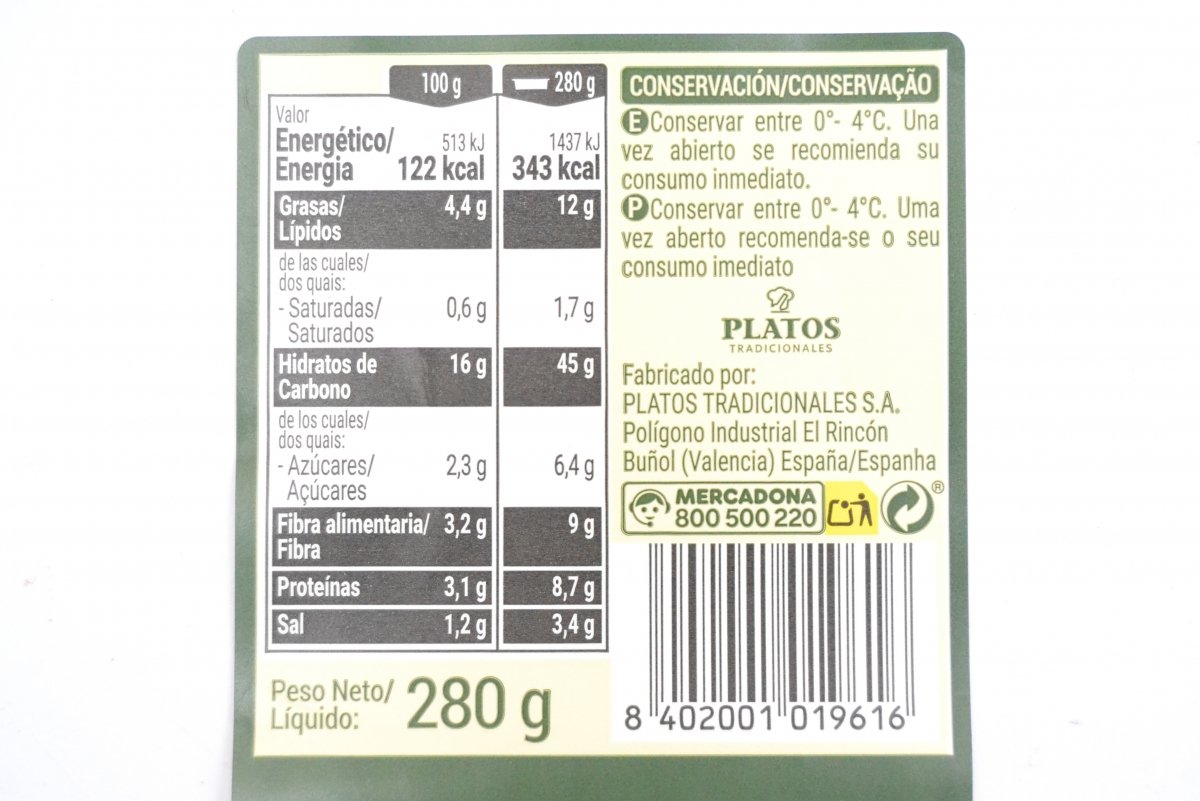 Valores nutricionales del arroz con verduras de Mercadona