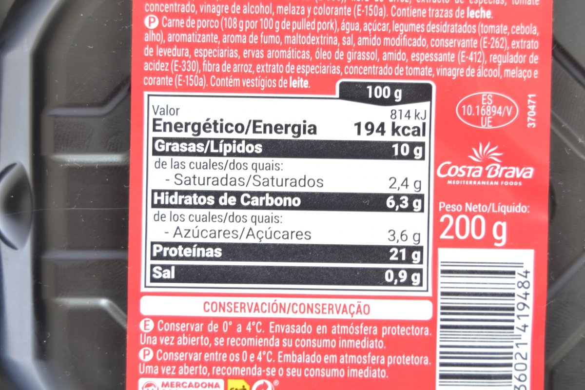 Valores nutricionales del ecrdo deshilachado de Hacendado