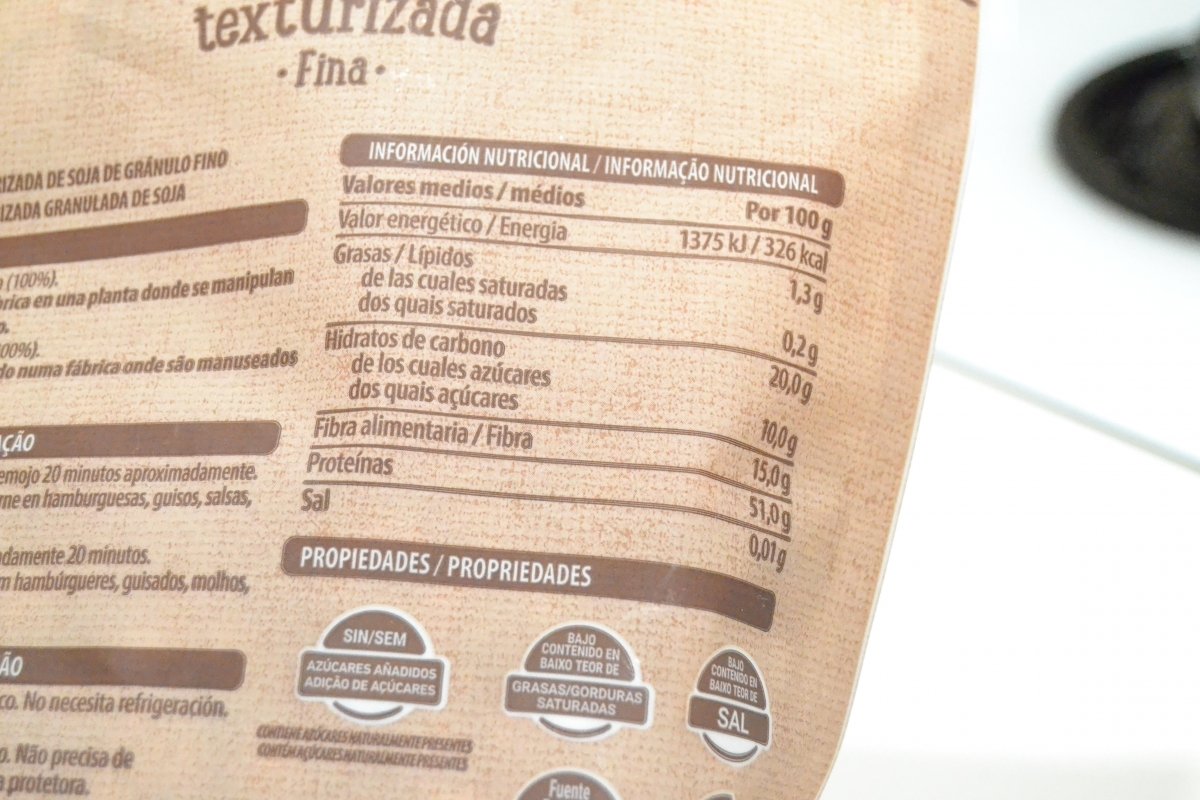 Valores nutricionales del paquete de soja texturizada de Mercadona