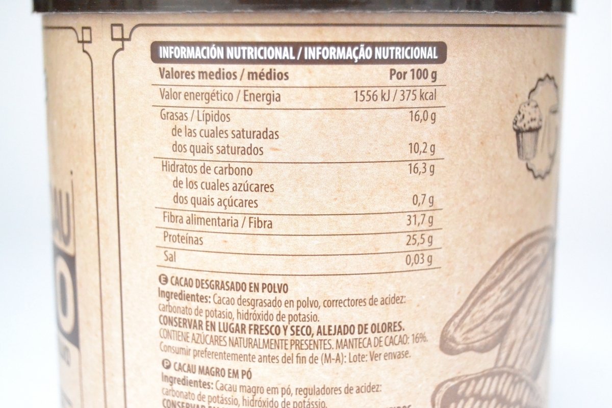 Valores nutricionales e ingredientes del cacao Valor de Mercadona sin azúcares