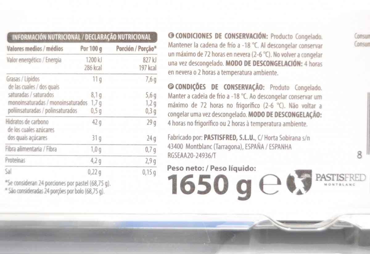 Valores nutricionales e instrucciones de conservacion de la tarta San Marcos congelada de Mercadona