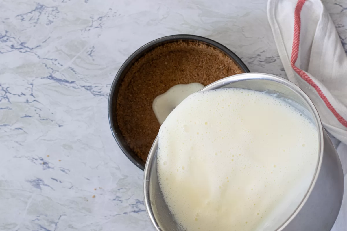 Tarta de queso y cuajada sin horno 7 Vertemos la mezcla en el molde de la tarta de queso y cuajada *
