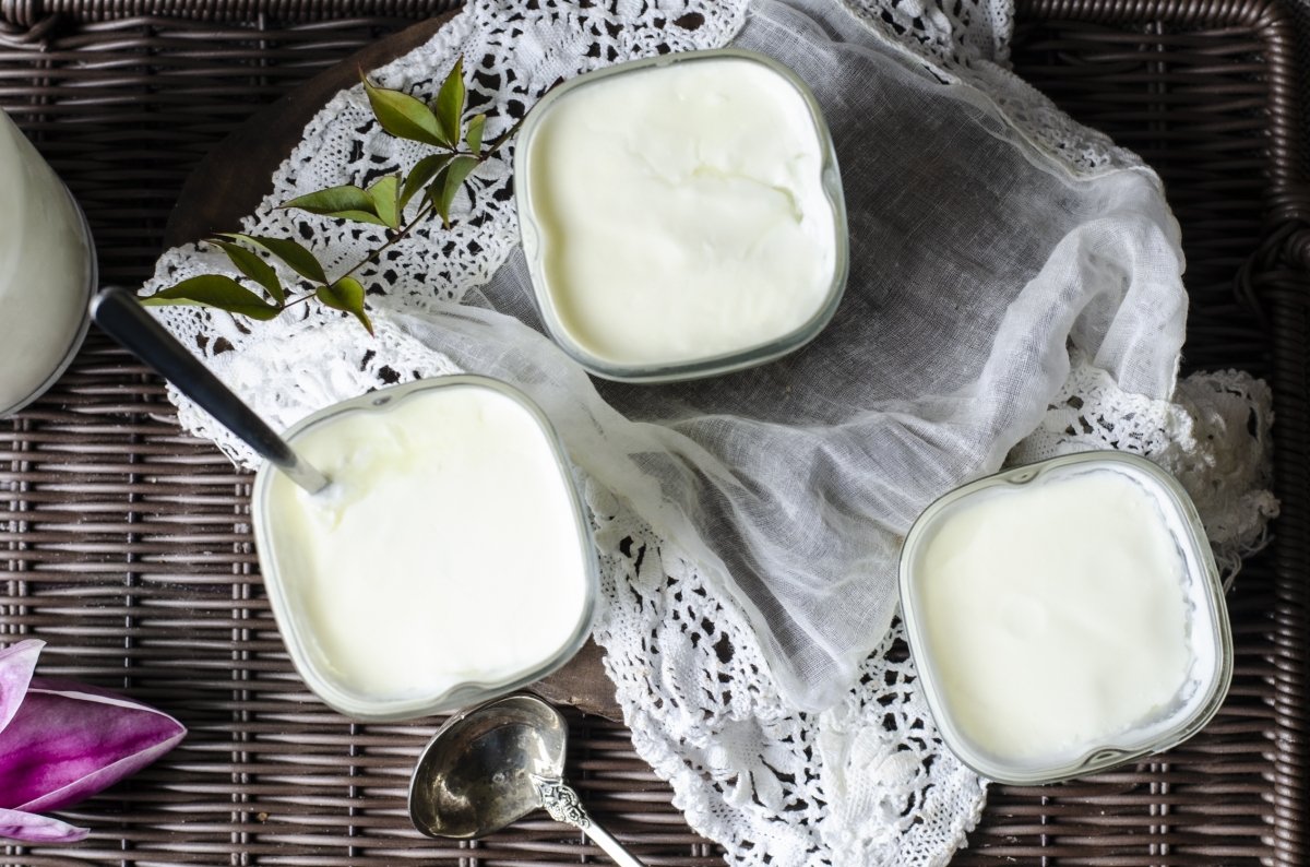 Vista cenital de los yogures naturales