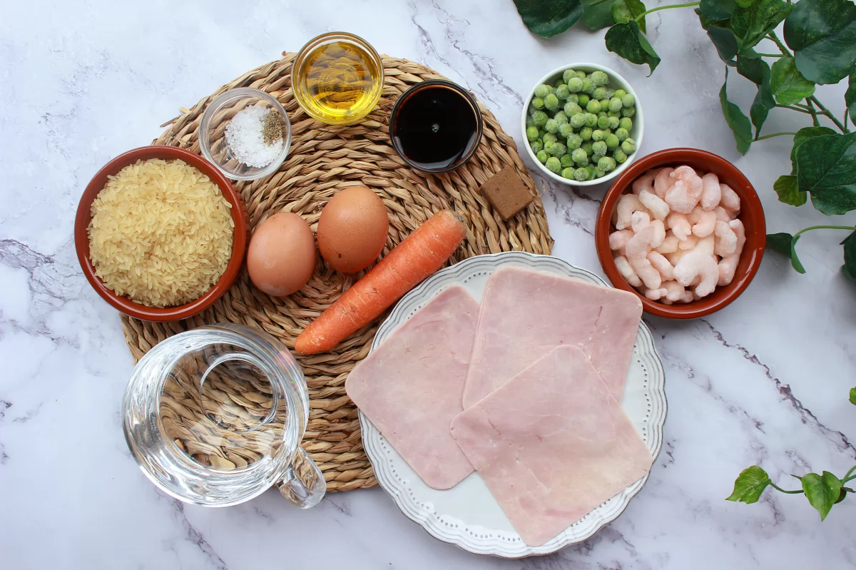 Vista de los ingredientes necesarios para hacer arroz tres delicias *